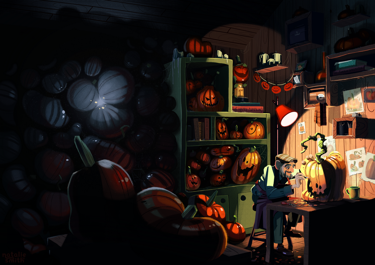 A pumpkin carver working into the late of night, perfecting his creations.